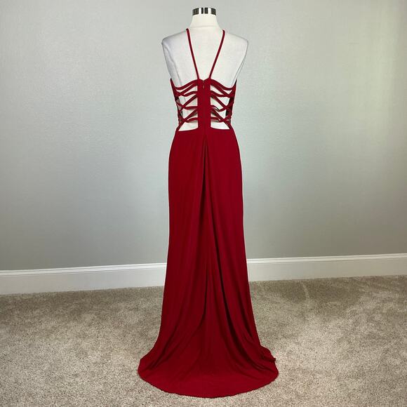 Red Backless Evening Gown Size 10 Nightway Cut Out Thigh Slit Long Formal Dress - Picture 2 of 13
